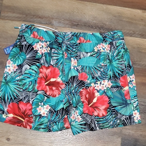 Caribbean Swim Trunks - Black, Green, Red Tropical Floral Pattern - Picture 7 of 8